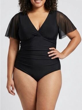 TORRID Black V-Neck One-Piece Ruched Swimsuit with Sheer Flutter Sleeves 1 1X